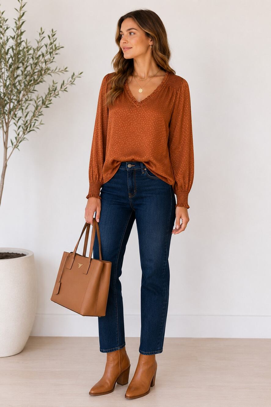 Mine Rust Swiss Dot Tie Neck Long Sleeve Peasant Blouse Womens Small